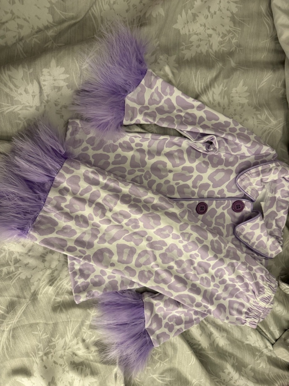Lilac Leopard Print Girls' Faux-Fur Trim Coat